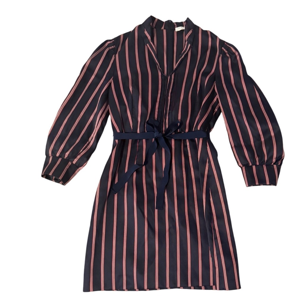 Sandro Paris Striped Mock Neck Tie Waist Mini Dress Navy Red Satin Size 40|US 8 - Picture 2 of 8